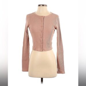 Reformation Ribbed Long Sleeved Cropped Cardigan in Soft Pink